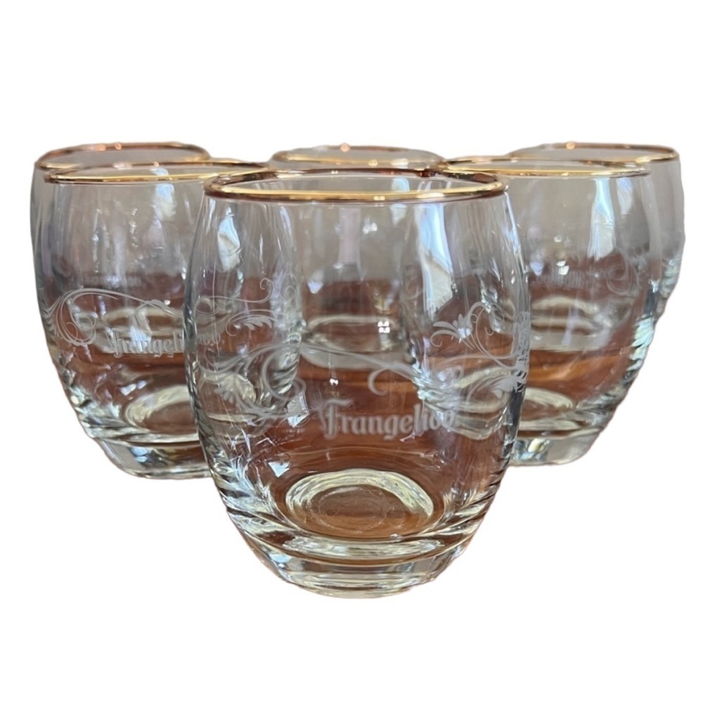 Vintage Etched FRANGELICO Roly Poly Liquer Barware Gold Rimmed 6 Glasses